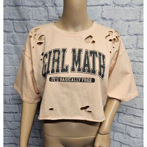 ROCK ROSE COUTURE M PEACH HOLE RIPPED BOXY CROPPEED GIRL MATH GRAPHIC TEE